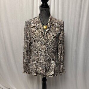 Jacqueline Ferrar Silk Blouse Womens Size 6 Animal Print Button-Up Brown Black
